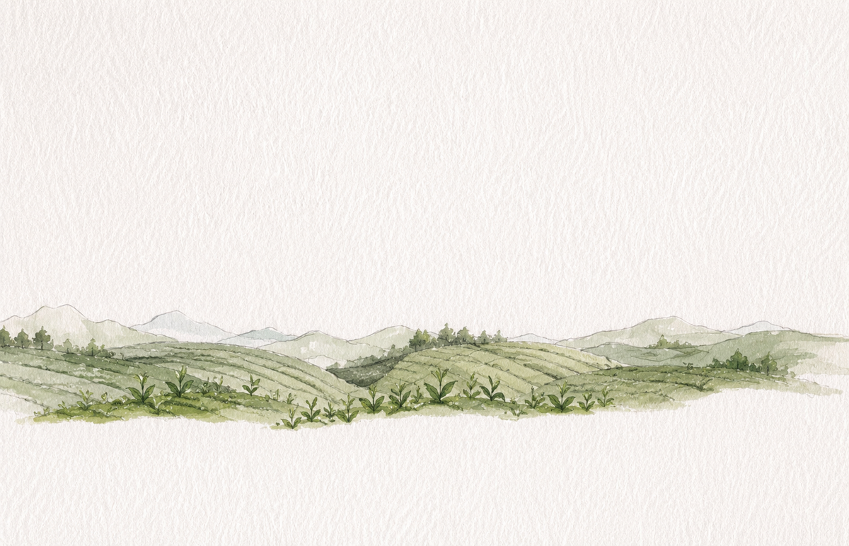 A horizontal watercolor landscape painting of rolling green hills and distant mountains on a textured off-white background.