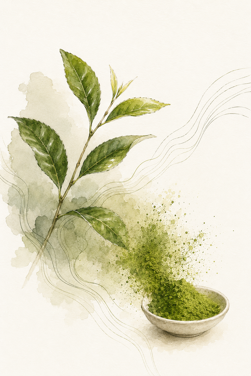 Editorial watercolor illustration of a Camellia sinensis tea branch transitioning into vivid jade green matcha powder.