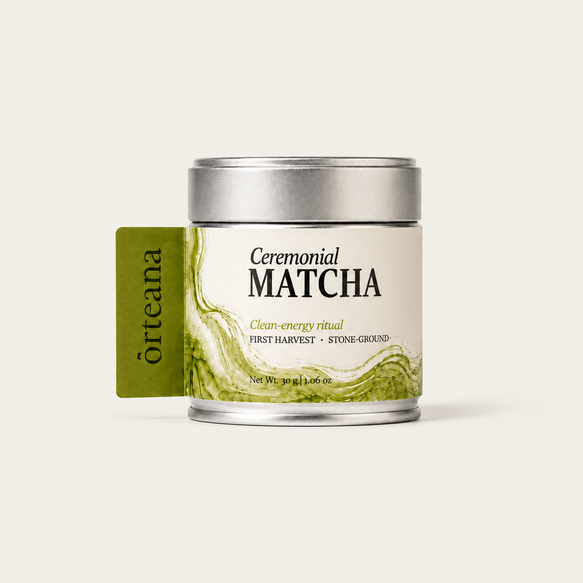 ORTEANA Ceremonial Matcha canister on a warm cream background with soft natural shadow.
