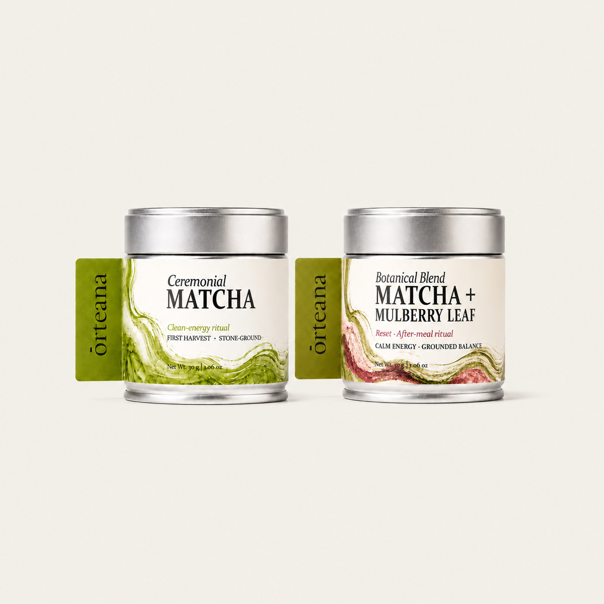 ORTEANA Ceremonial Matcha and Matcha + Mulberry Leaf canisters displayed together on a warm cream background.