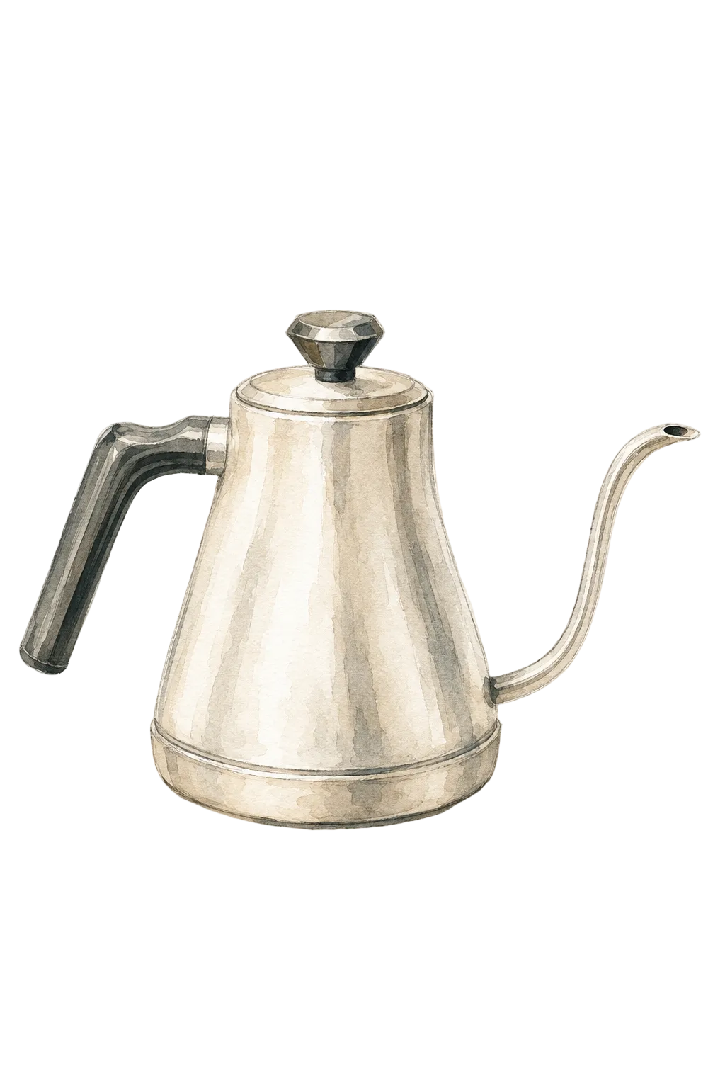 Editorial watercolor illustration of an off-white gooseneck kettle for the first step of making matcha at home.