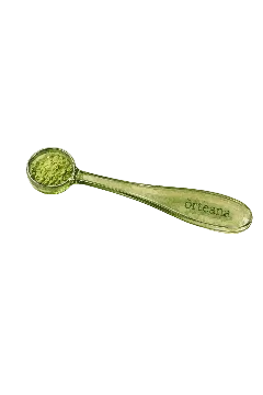Editorial watercolor illustration of a translucent green glass measuring spoon holding matcha powder with a light dusting nearby.