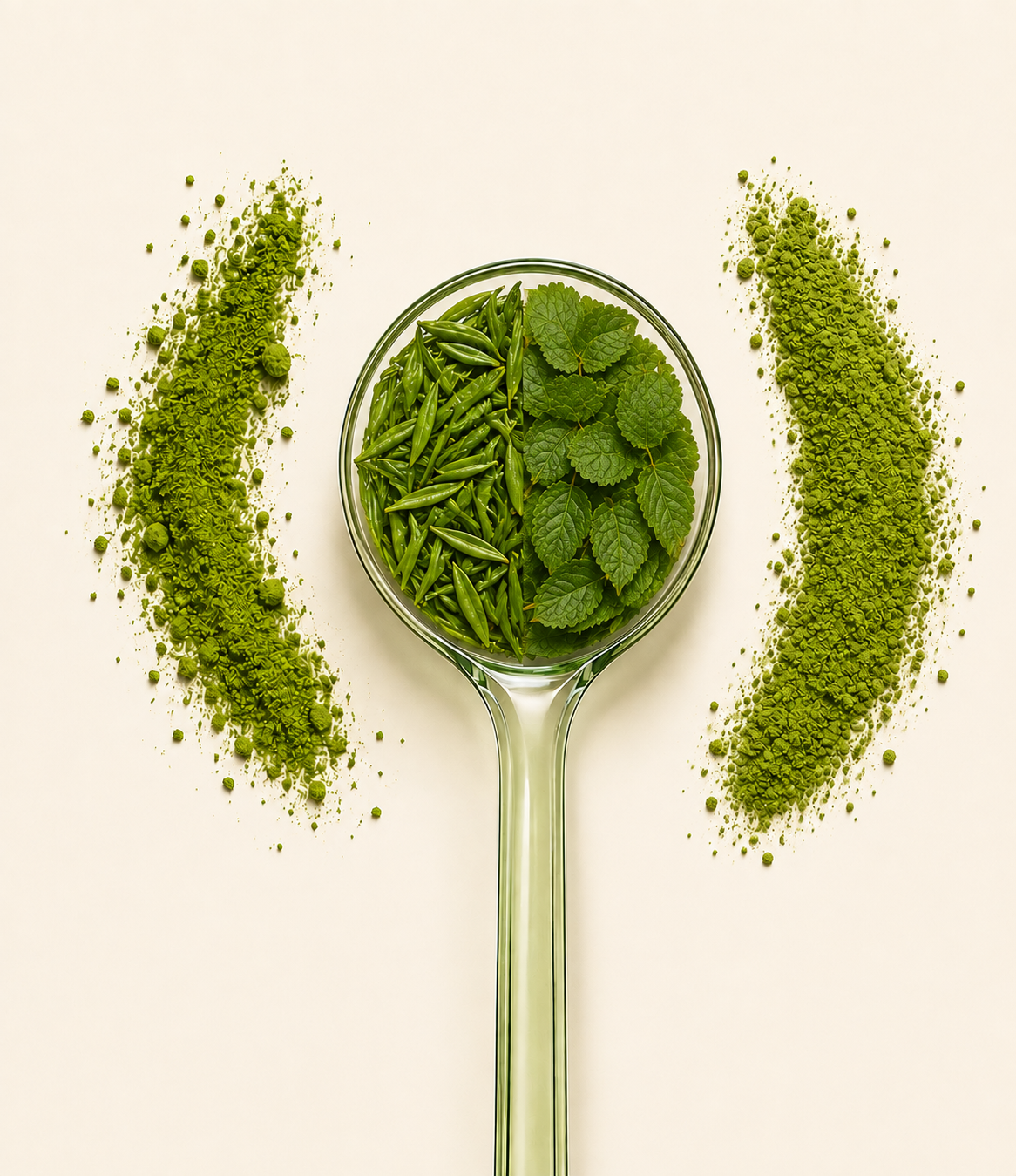 A clear glass spoon filled with green matcha powder and fresh mint leaves, centered on a light cream background with matching green powder spilled in curved lines on both sides.