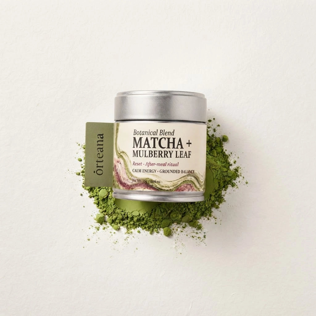 ORTEANA Matcha + Mulberry Leaf with a prepared green drink for an after-meal ritual.