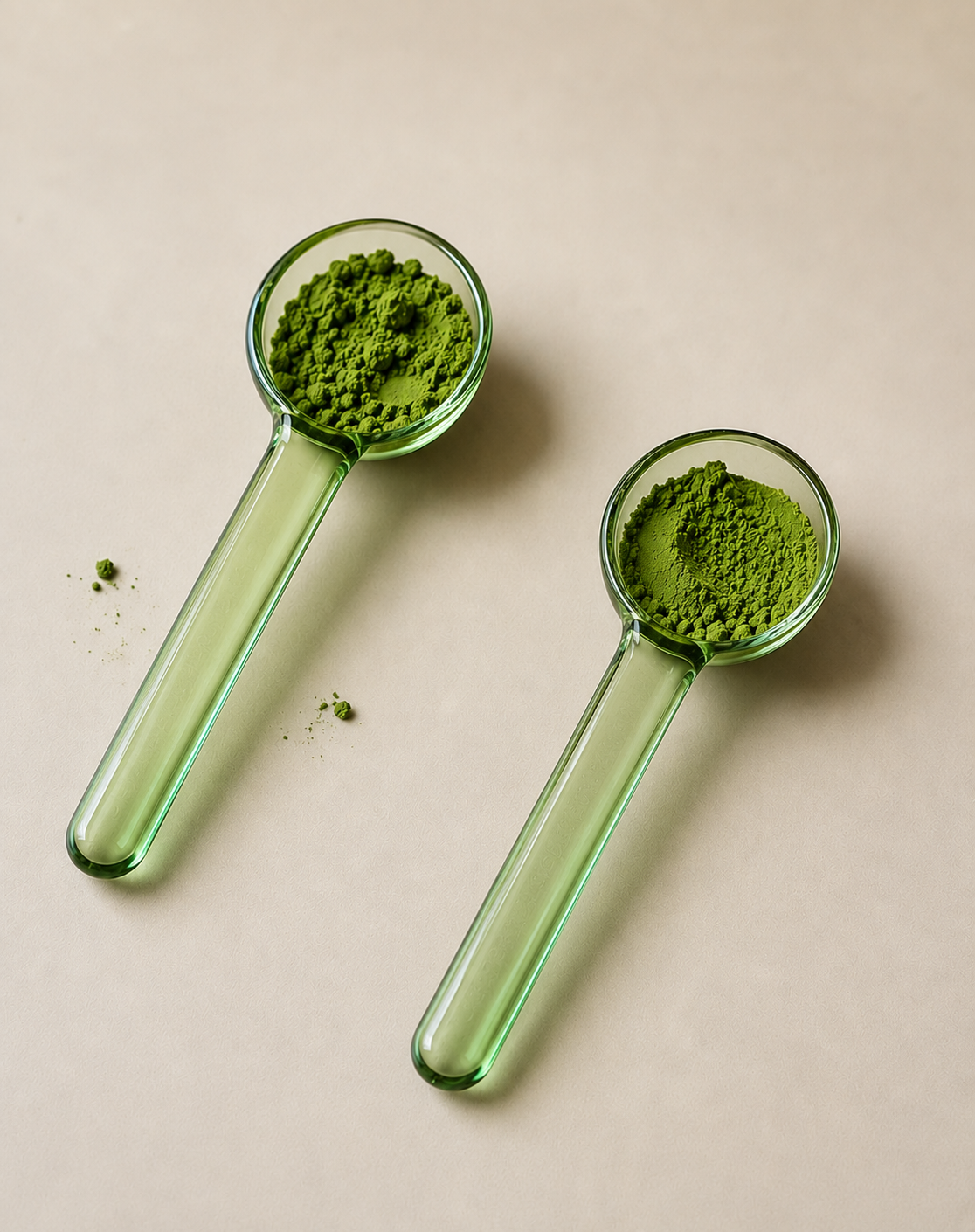 Green glass measuring spoons styled with vivid matcha powder for an ORTEANA tea ritual.