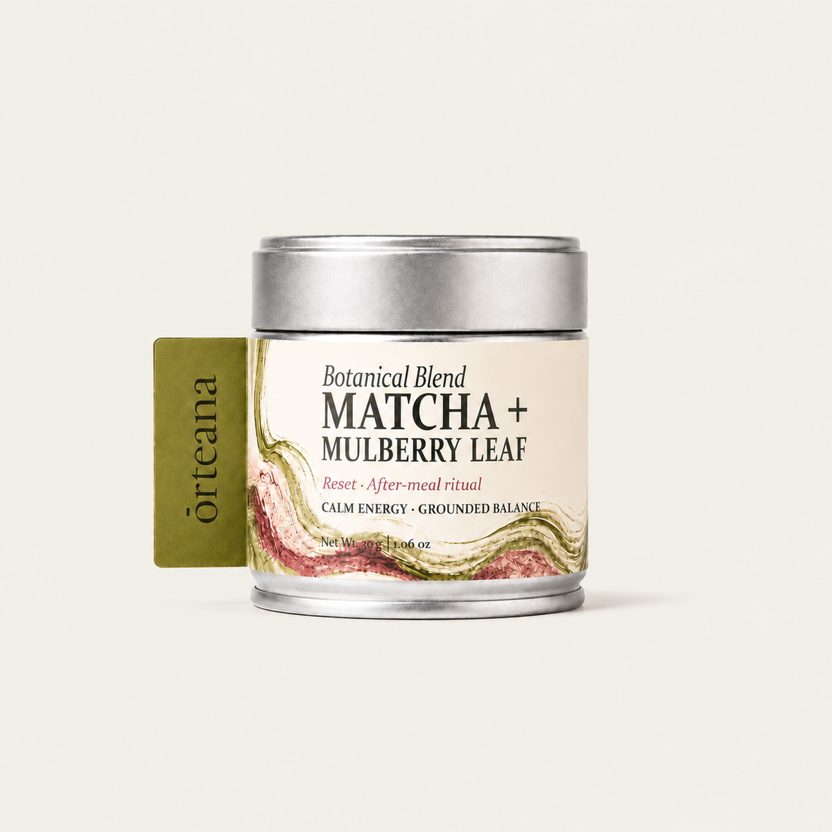 ORTEANA Matcha + Mulberry Leaf canister on a warm cream background with soft natural shadow.