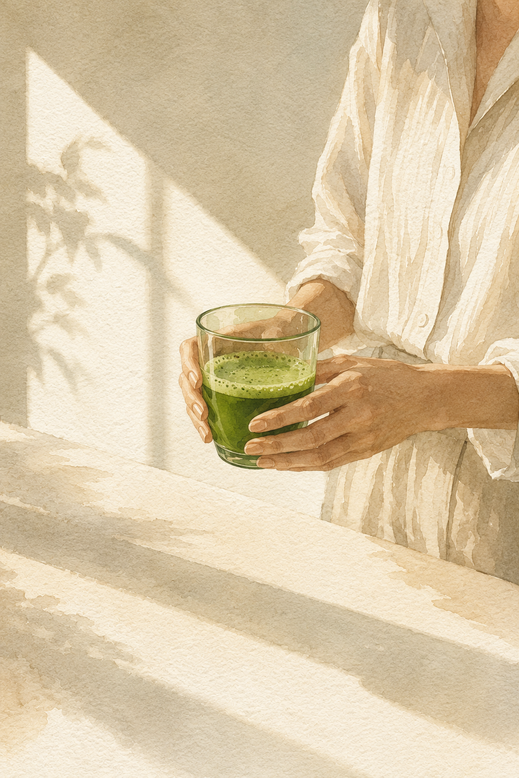 A person in a white button-up shirt holds a clear glass filled with bright matcha, standing near a table in warm sunlight with soft shadows on a textured beige wall.