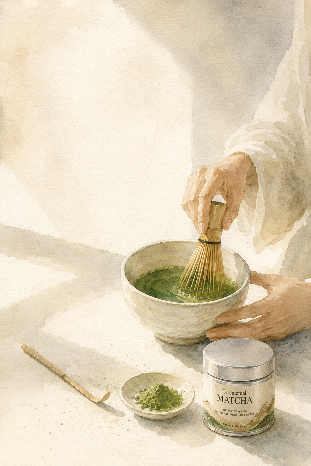 ORTEANA editorial watercolor showing hands whisking vivid jade matcha beside the ceremonial matcha canister in warm natural light.