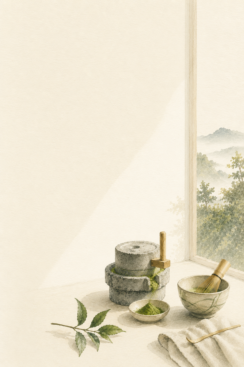 A soft watercolor-style still life showing a stone mortar and pestle, a small bowl with green powder, a bowl with a wooden whisk, and a folded cloth on a windowsill, with a misty mountain landscape visible outside.
