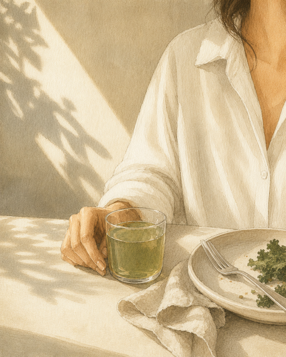 Watercolor illustration of a cropped woman at a sunlit table beside a glass of muted green botanical tea, a fork, linen napkin, and a nearly empty plate with leftover kale salad.