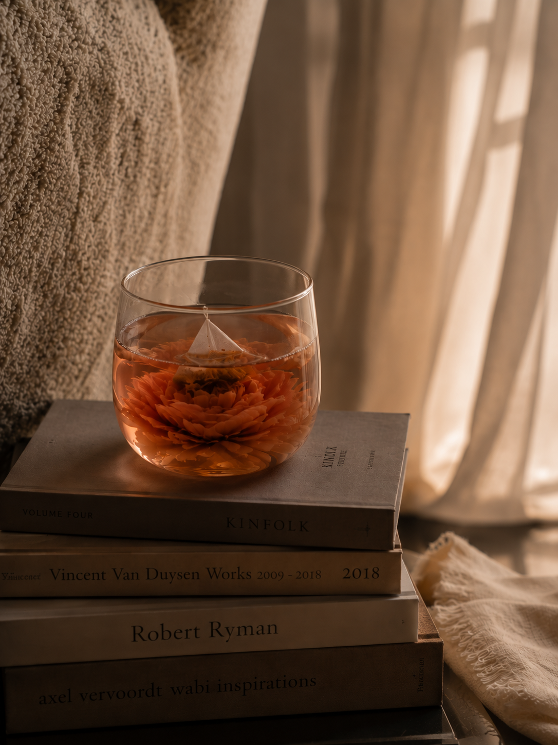 A clear stemless wine glass containing an amber-orange floral tea or infusion, placed on a stack of three books in warm, sunlit surroundings with a textured blanket and sheer curtains in the background.